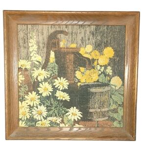 1950s Kay Dee Handprints Wood Framed 100% Pure Linen Screenprint By Hand 16"x16"